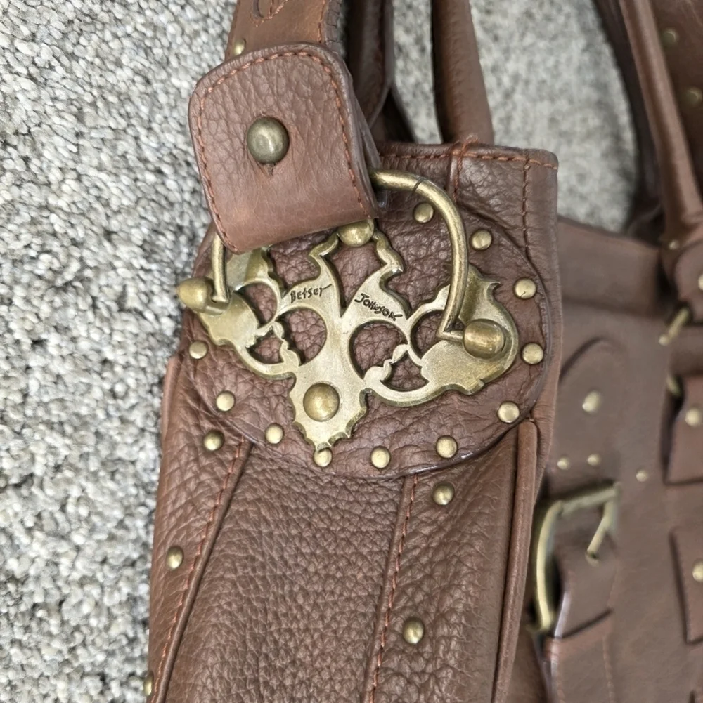 Betsey Johnson VTG Y2K Heavy Brown Leather Studded Tote Handbag Charms Large